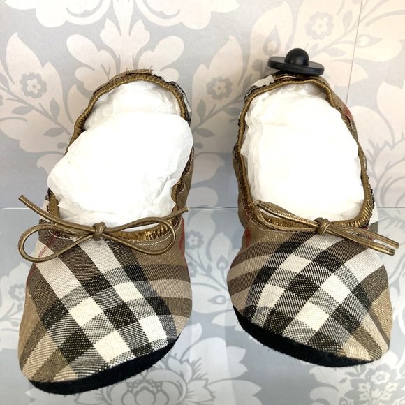 BURBERRY Classic Brown & Gold Tartan Plaid Print Check House Slippers - Picture 1 of 6